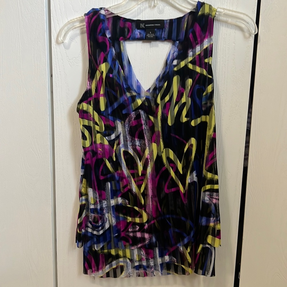 INC size S small layered abstract graffiti colorful unique cut tank top